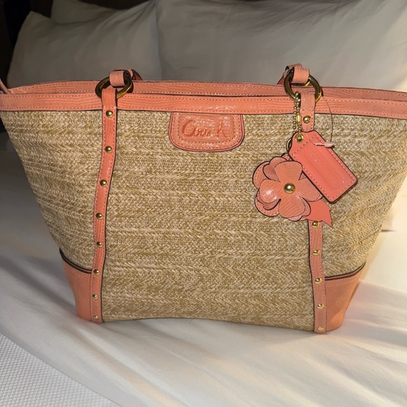 Coach Handbags - Coach Tan and Pink Woven Tote Bag
